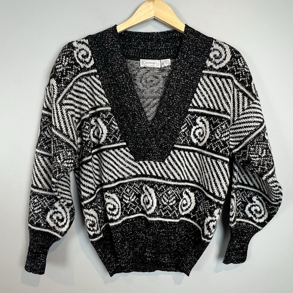Cristina's Vtg 80s Sweater Womens Size Small Black White Silver Shoulder Pads